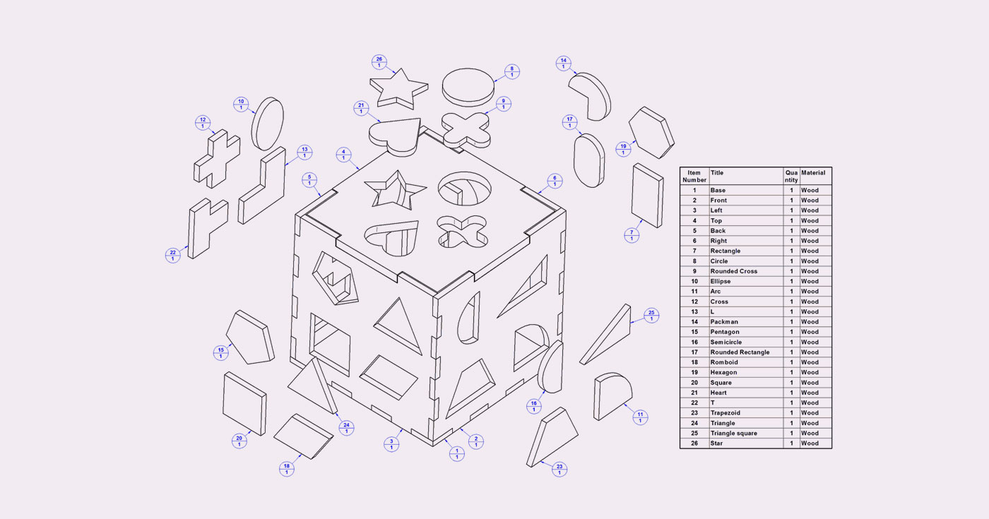 I drafted illustration of a three dimensional puzzel with many pieces.