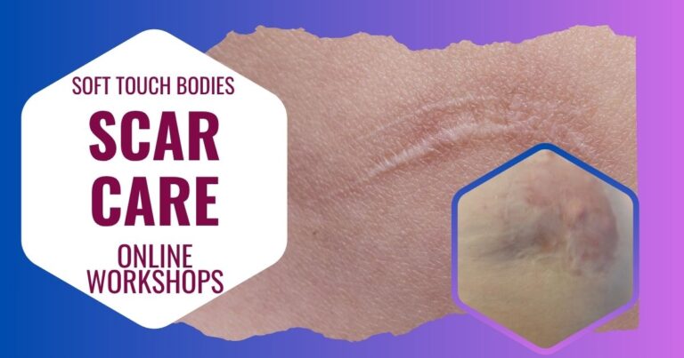Soft Touch Bodies Scar Care Online Workshops. Blue-purple background with images of scars on pale skin.
